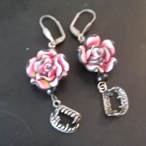 Handcrafted Pink Rose Dangle Earrings with Silver Vampire Charm